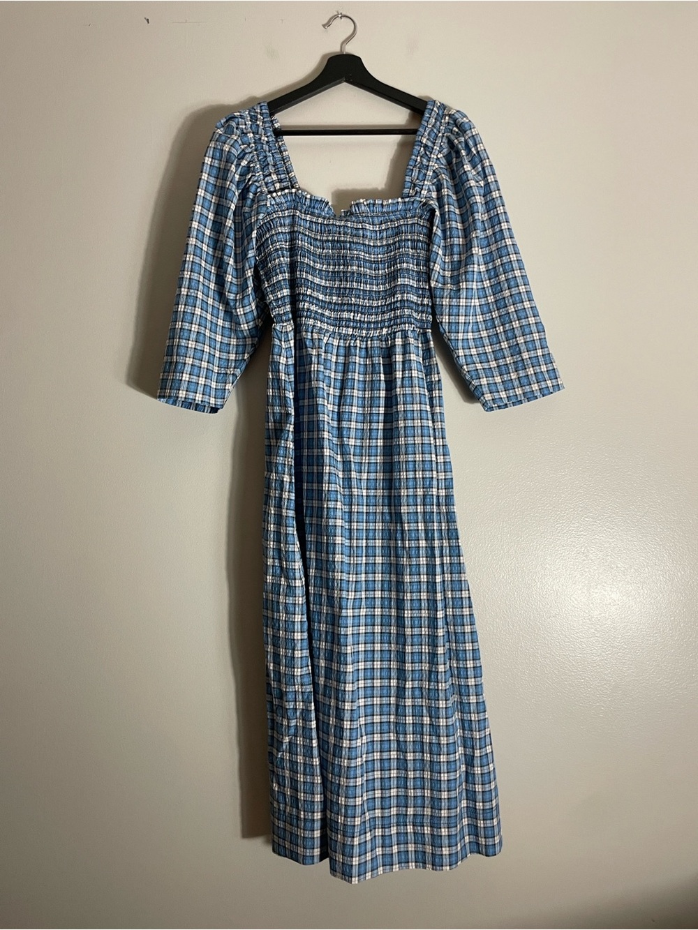 Ganni Blue Plaid Smocked Midi Dress